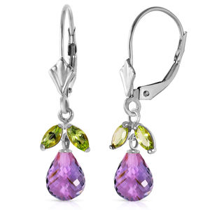 14K. GOLD LEVERBACK EARRING WITH AMETHYSTS & PERIDOTS (White Gold)